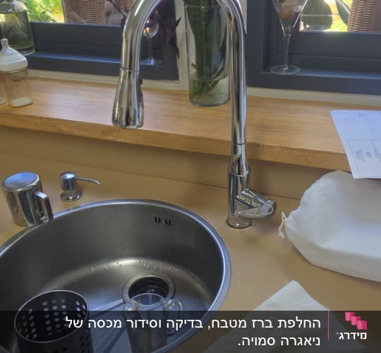 ברז נירוסטה מעל כיור במטבח עם חלון ופרחים